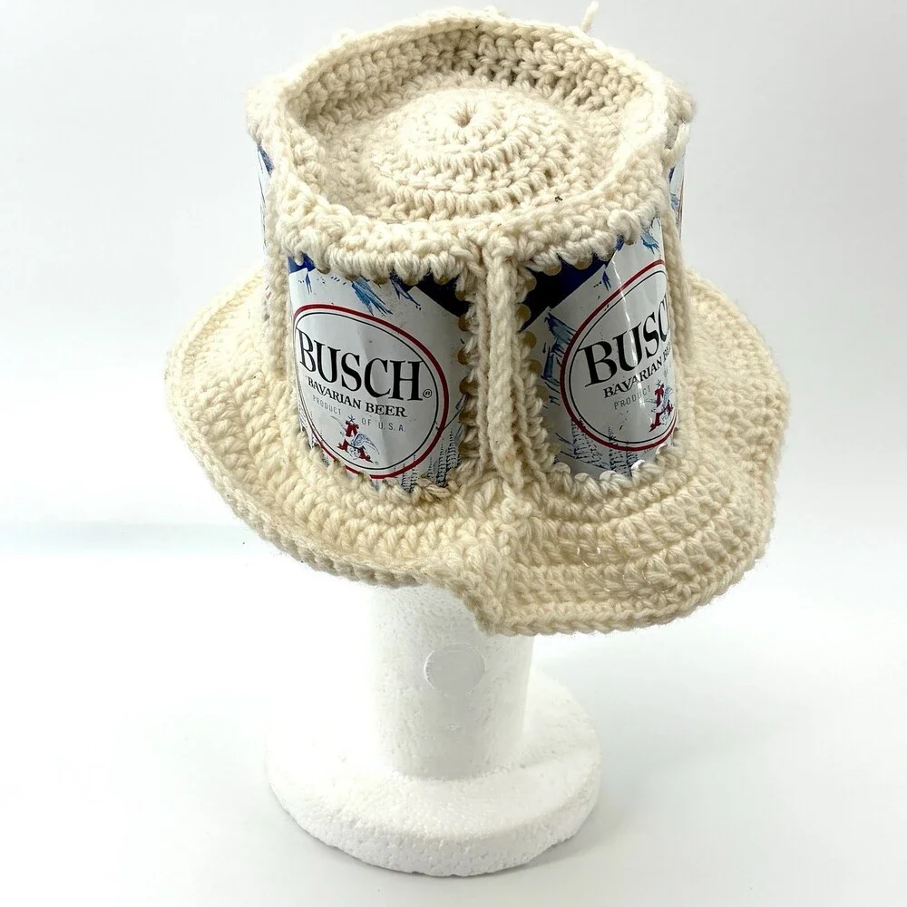 Vintage 1970s Busch Beer Can Crochet Hat Handmade Folk Art (S)